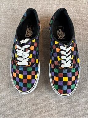 Rainbow Glitter Checkerboard Vans Authentic Old Skool Women's US 8.5 Men's US 7